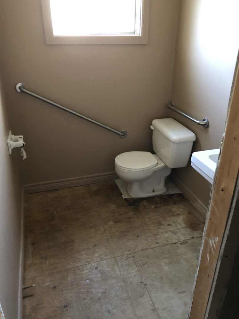 Small bathroom with toilet, sink, and safety grab bars on walls.