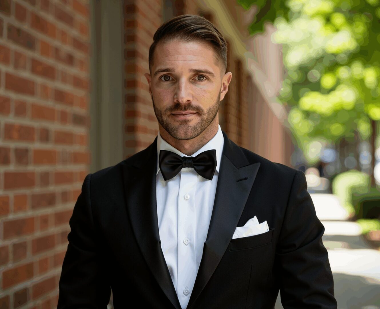 Man in a black tuxedo with a bow tie posing outdoors.
